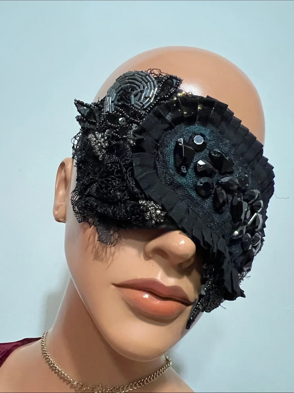 Black Beaded Lace Eye Mask - Elegant Sleep & Costume Accessory